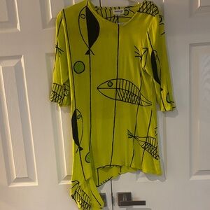 Asymmetrical Lime Green Top with Black Fish Print